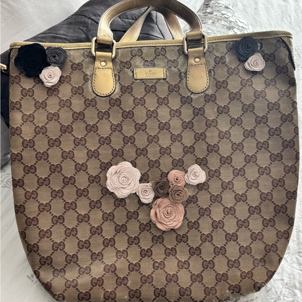 Gucci Brown Monogram Tote with Pink Floral Appliqués
